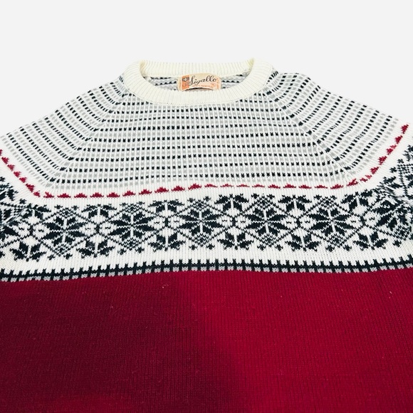 Vintage 1970 Acrylic Sigallo Red & Snowflake Pattern Knitted Sweater Size XL - Picture 4 of 8